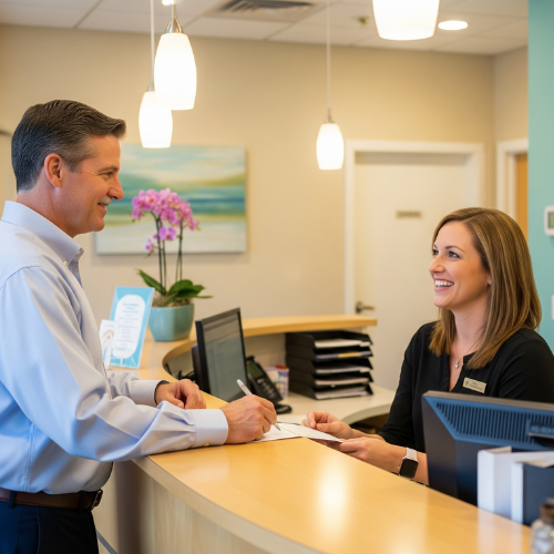 Patient checking in at the Sunshine Chiropractic reception desk